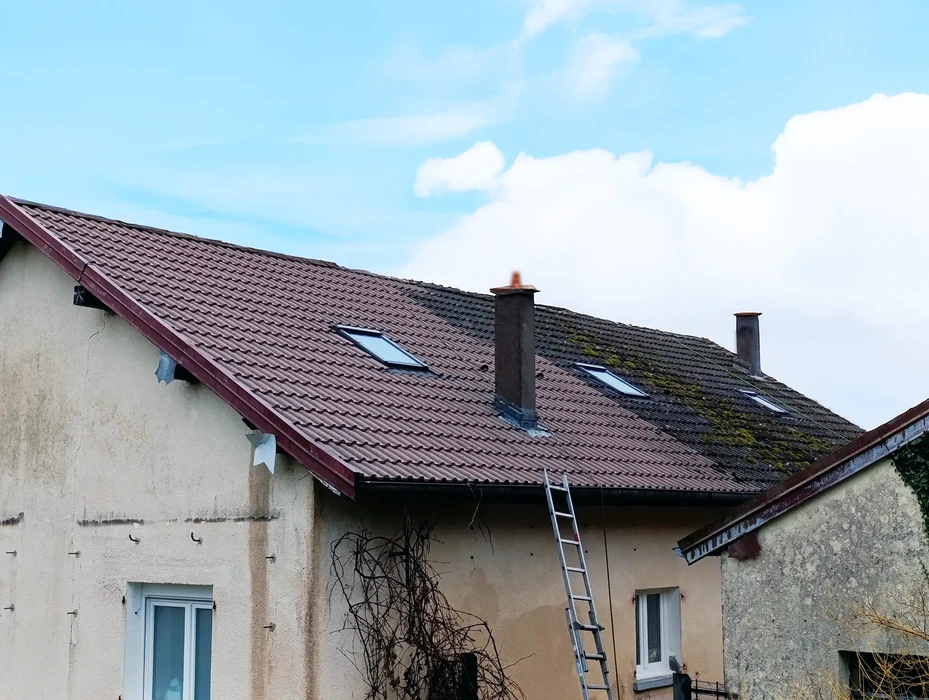 Extérieur d'une maison résidentielle avec toiture en tuiles rouges présentant des traces de mousse et salissures