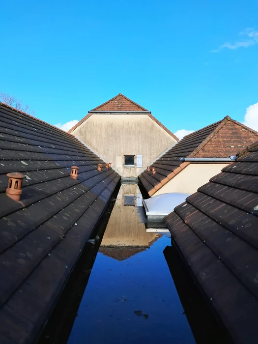 Toiture résidentielle vue depuis une gouttière inondée créant un effet miroir