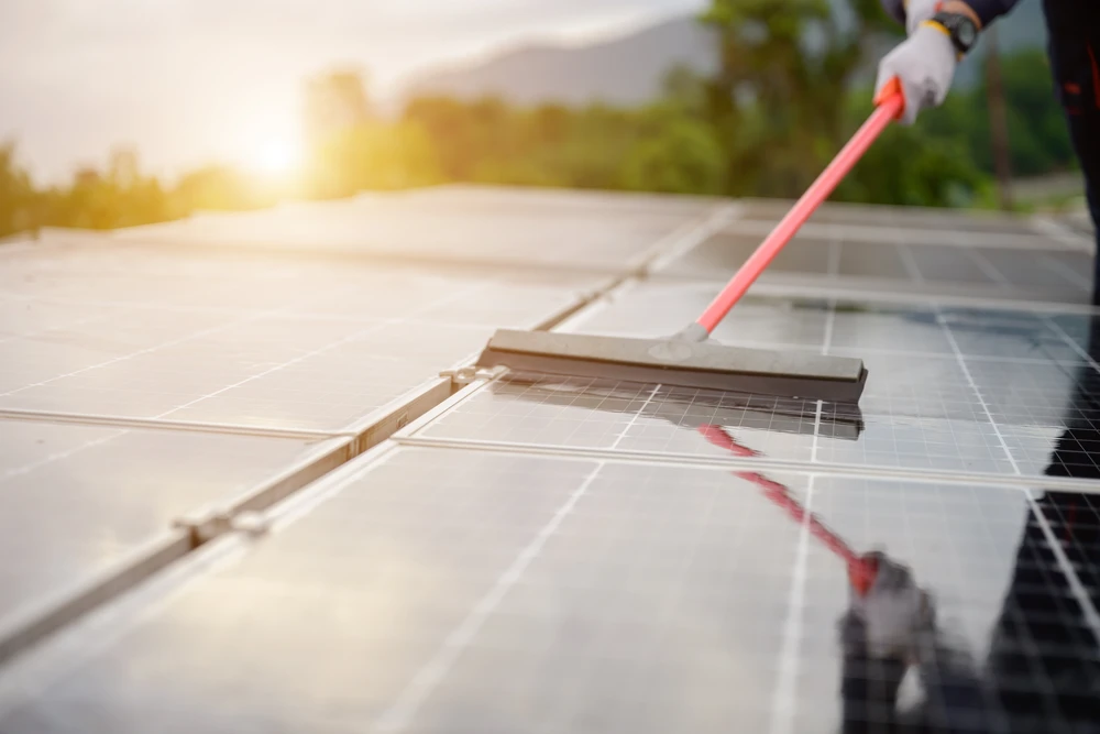 Panneaux solaires photovoltaïques installés en extérieur sous un ciel de fin de journée aux nuances dorées et bleutées
