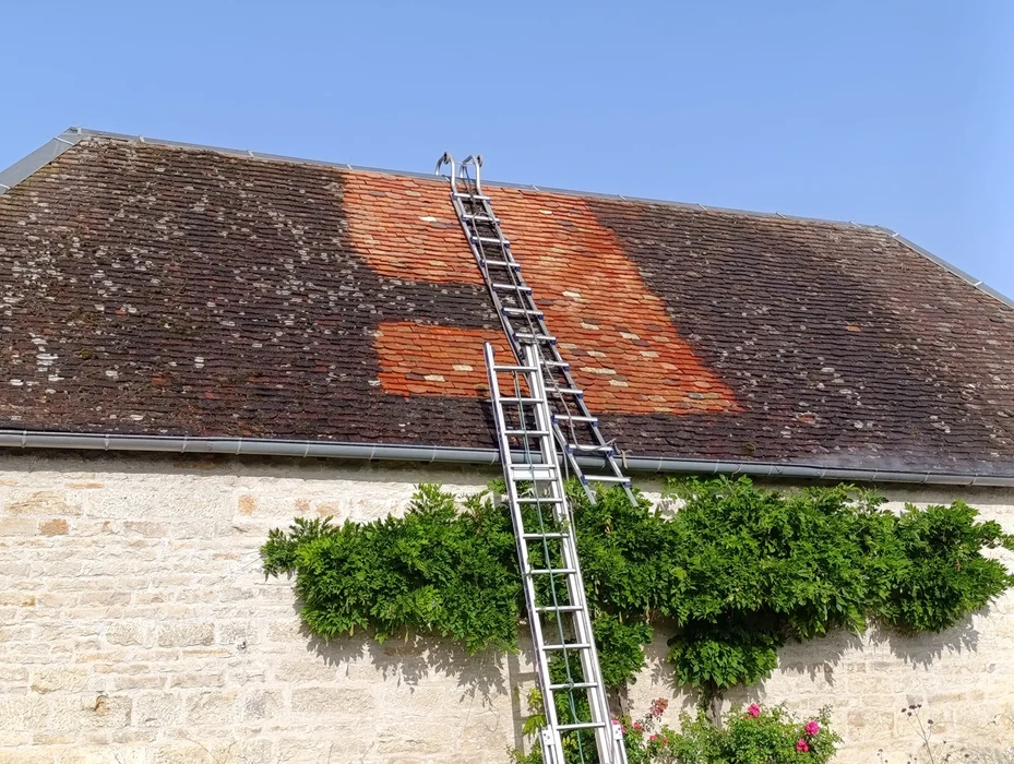 Professionnel du nettoyage utilisant une raclette pour nettoyer une baie vitrée extérieure depuis une nacelle élévatrice