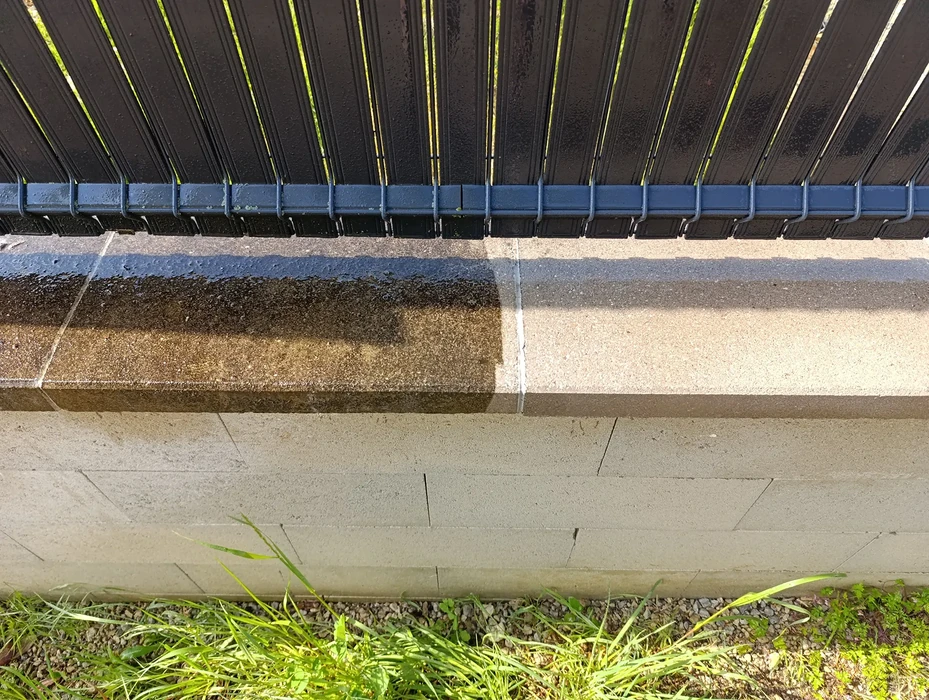 Toiture en tuiles terre cuite avec mousses et lichens, vue en contre-plongée