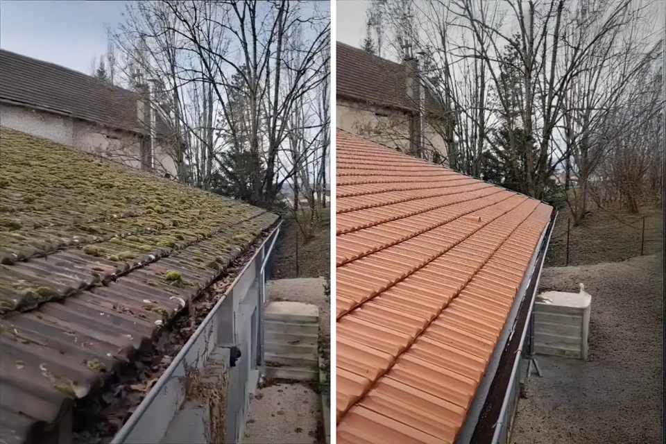 Extérieur d'une habitation en hiver avec formation de glaçons suspendus à la gouttière