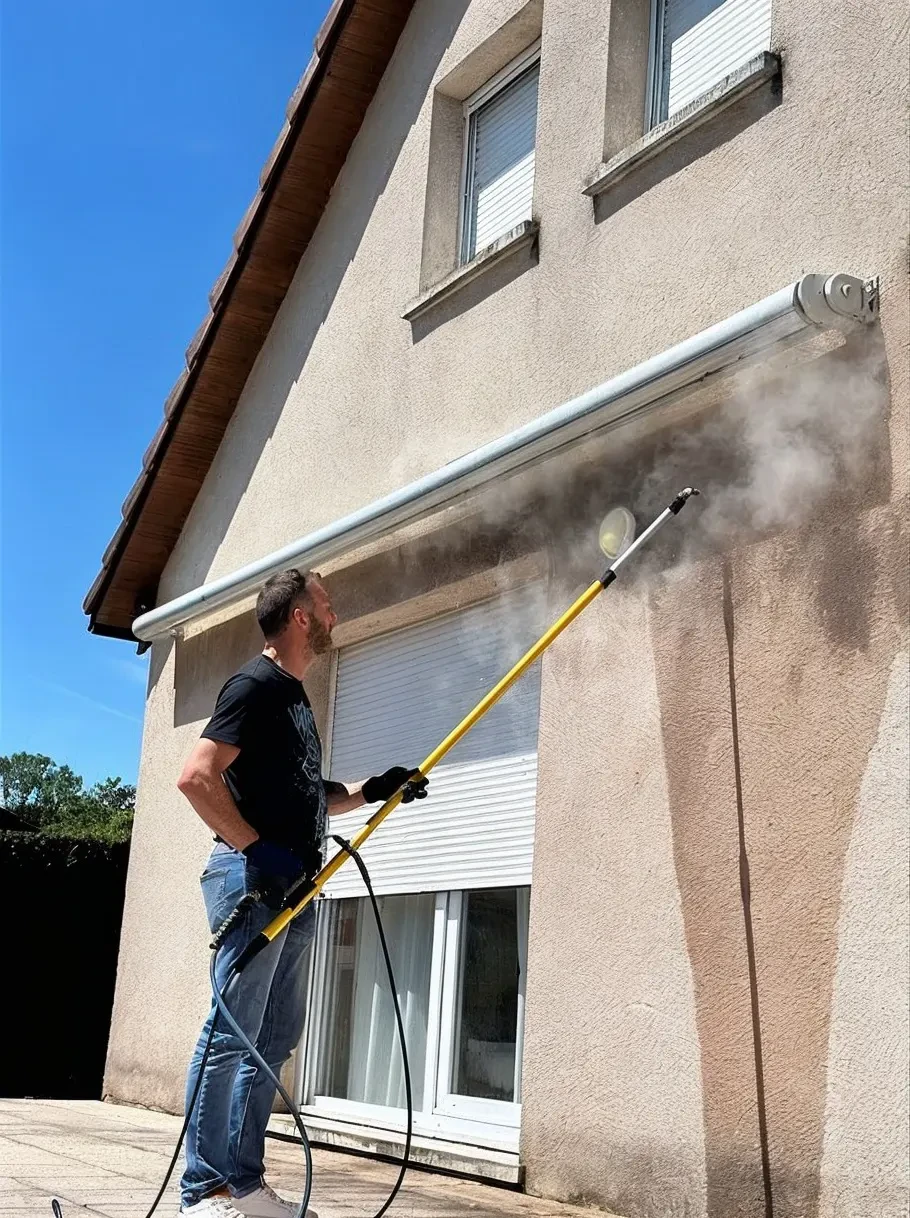 Nettoyage de lave-linge sous pression devant la maison
