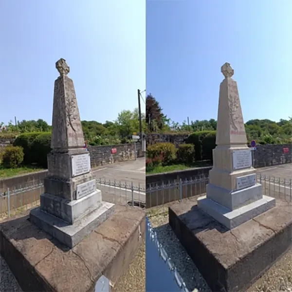 Intervention de nettoyage sur façade d'église historique en pierre calcaire avec nacelle élévatrice hydraulique