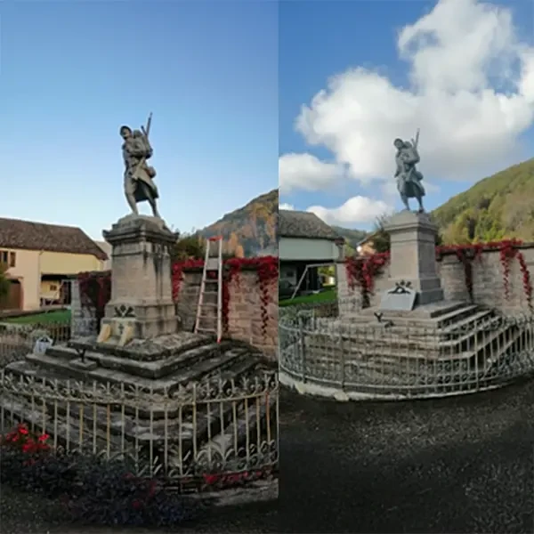 Intervention de nettoyage sur façade d'église historique en pierre calcaire avec nacelle élévatrice hydraulique